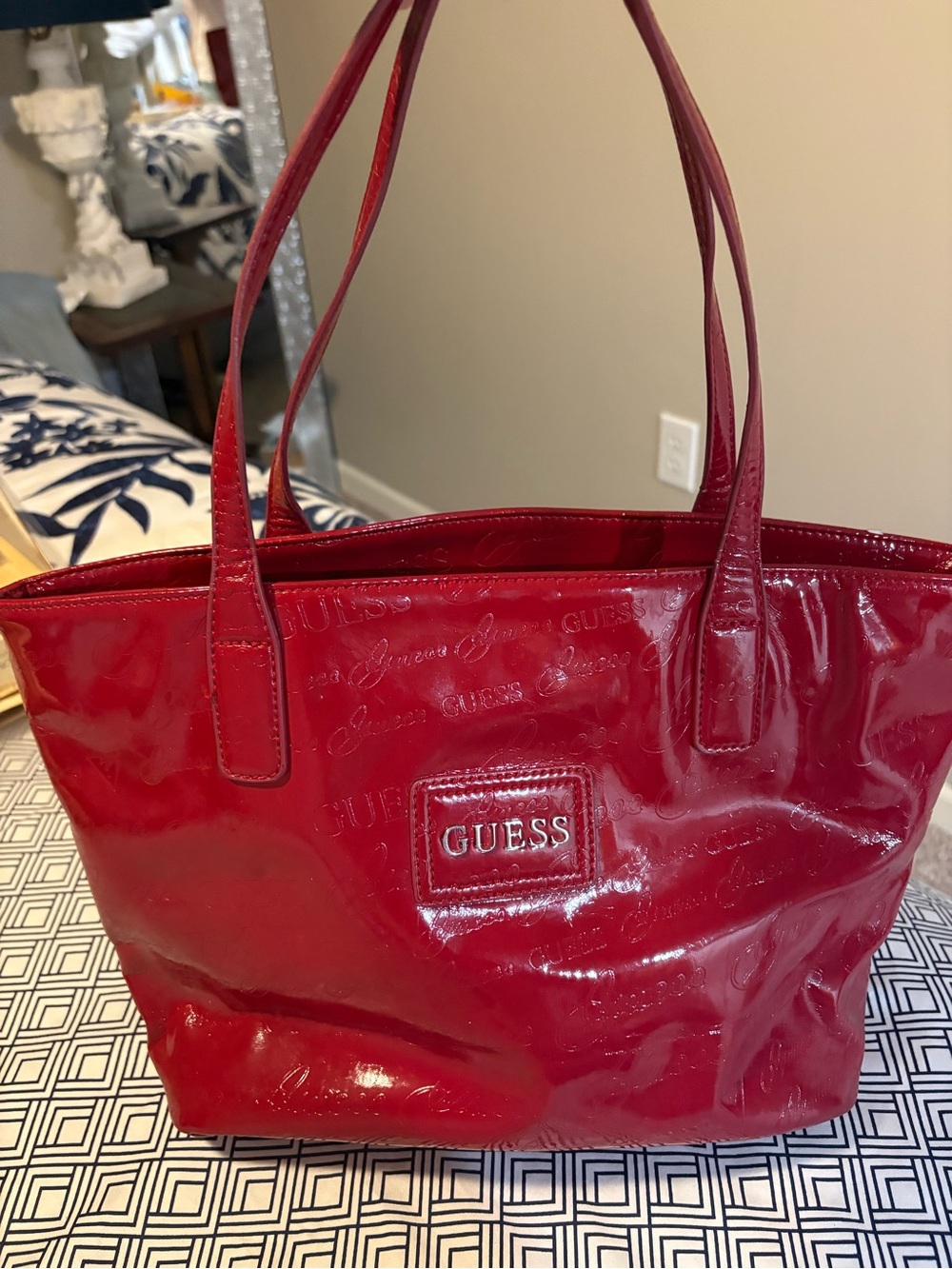 GUESS Red Patent Tote with Logo Patch